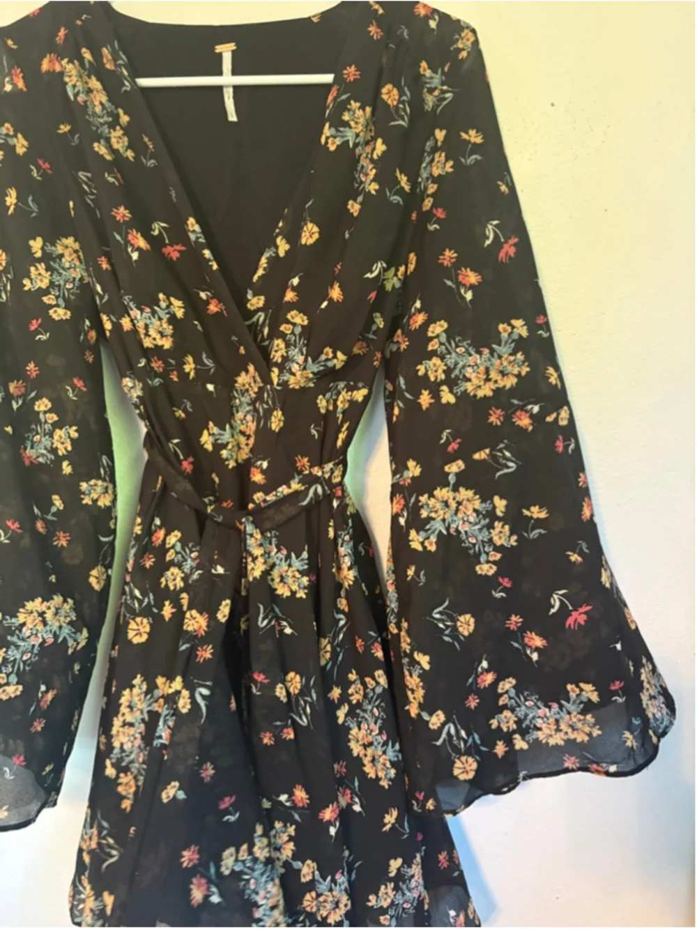 Free People Lilou Floral Mini Dress Boho Bell Sleeve Faux Wrap Size S